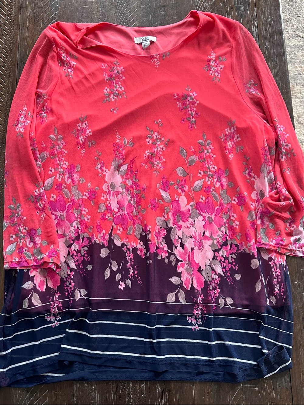 NWT Croft & Barrow Coral Pink Floral & Navy Stripe Mixed-Print Top